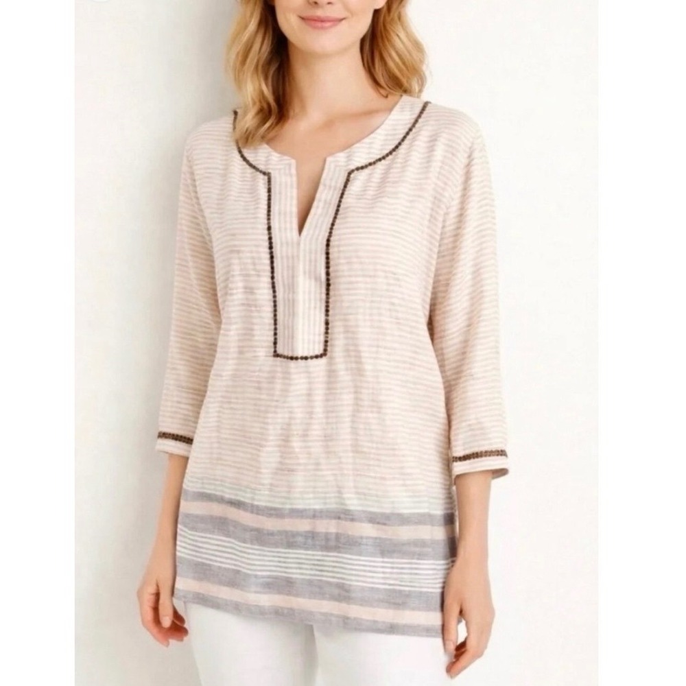 Tommy Bahama Brown Beaded 100% Linen Stripe Tunic 3/4 Top Boho Coastal S